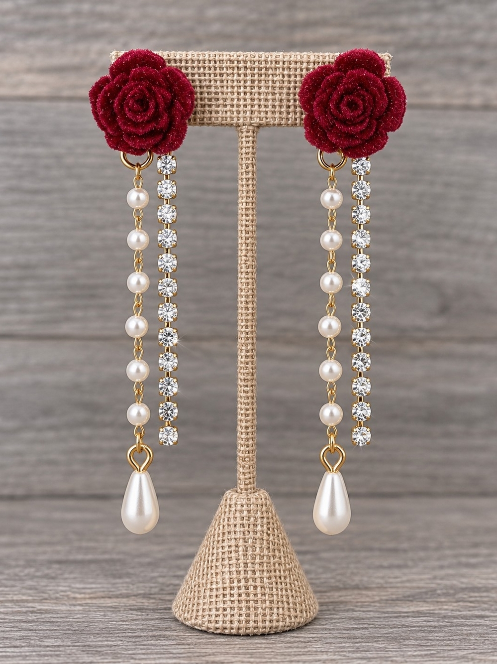 Fashion Jewelry Red Rose Pearl & Crystal Dangle Earrings - Gold Tone